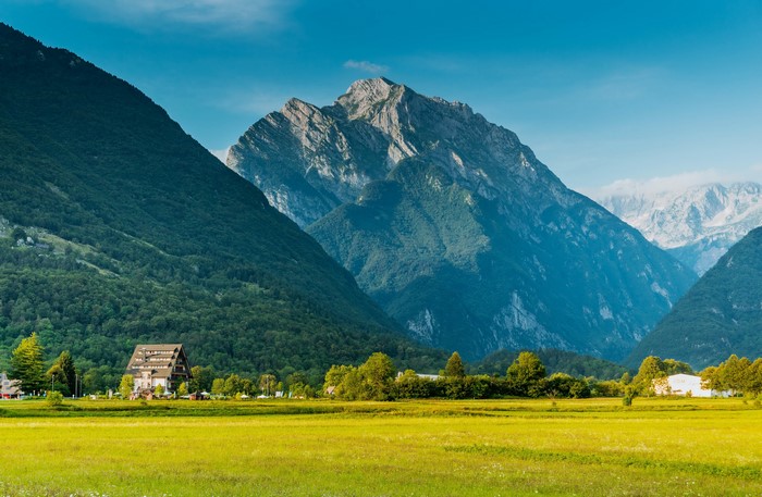 4K Bovec Slovenia Mountains Houses Forests Fields
