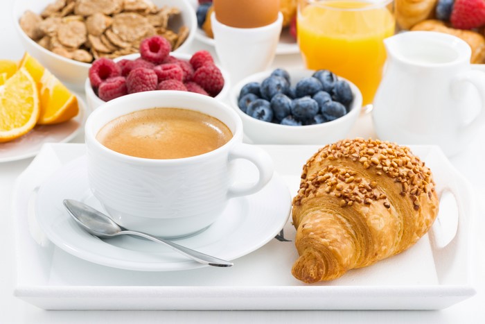 Breakfast with Coffee, Croissant, Berries, and Orange Juice