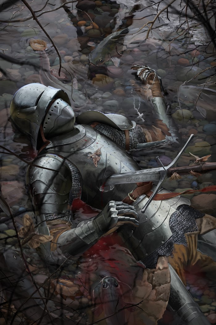 Fallen Knight in Bloodied Armor with Sword