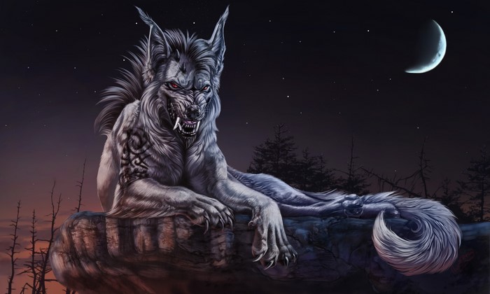Werewolf on a rock under a crescent moon