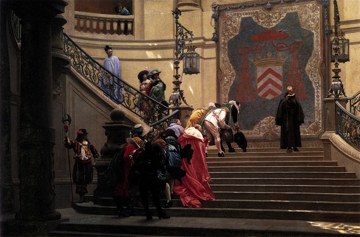 Men on a grand staircase with a tapestry