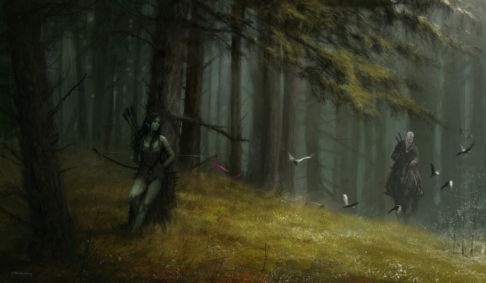 Dryad and Geralt of Rivia in a forest