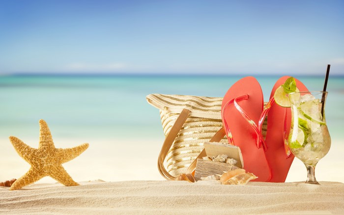 Starfish, Handbag, Flip-flops, and Drink on Beach