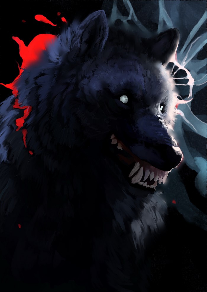 Painting of a dark wolf with glowing eyes and bared teeth