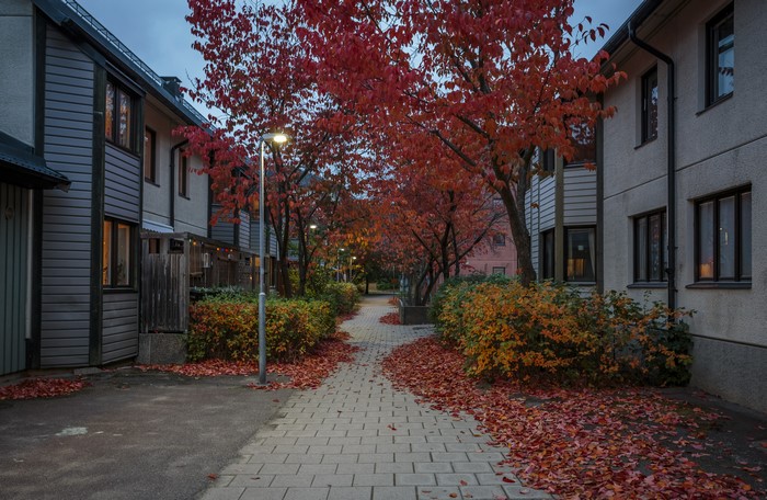 Autumn evening in Stockholm, Sweden with houses and street lights
