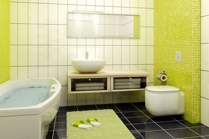 Modern bathroom with bathtub, sink, and toilet