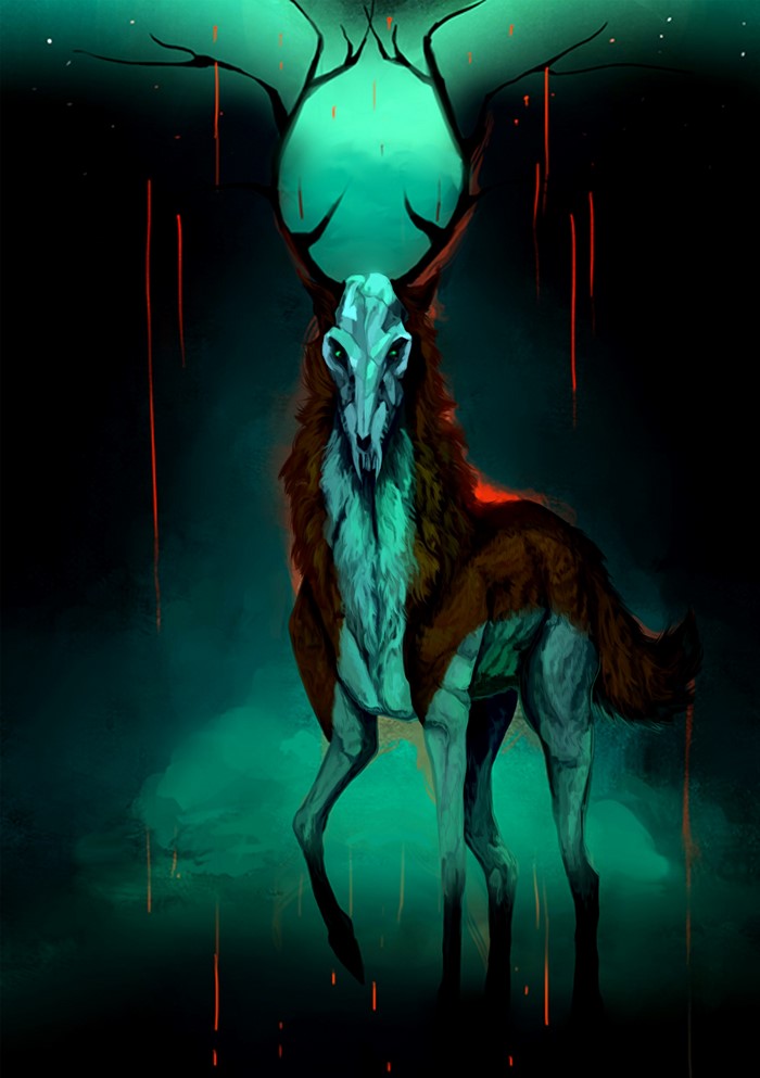Creature with deer skull and antlers in eerie forest