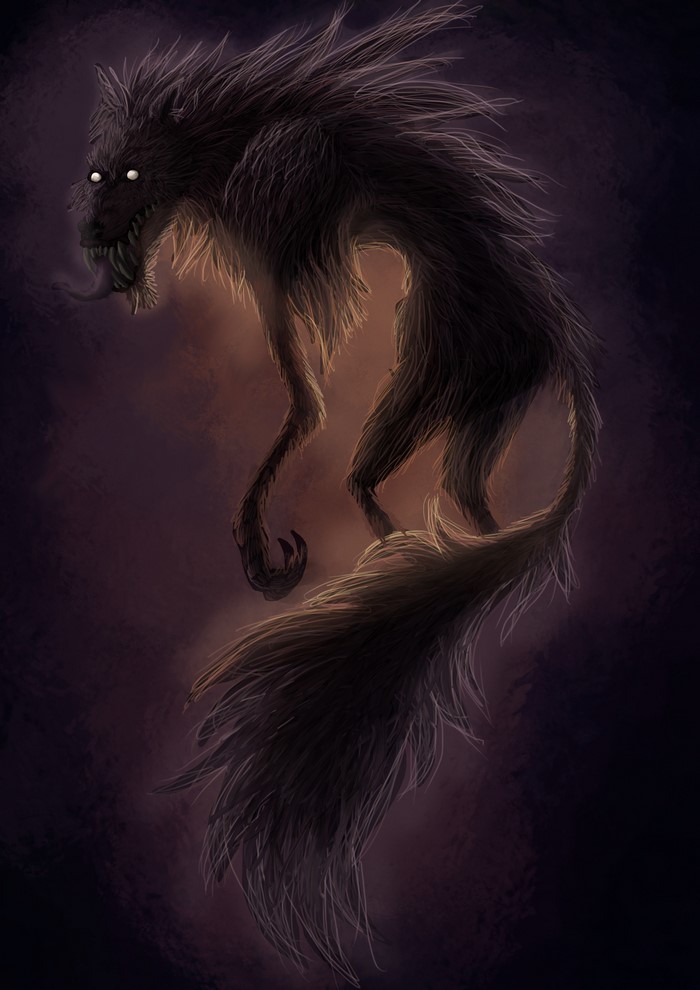 A dark, monstrous creature with glowing eyes and a long tail