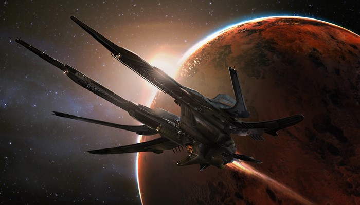 4K Star Citizen Starship near Planet