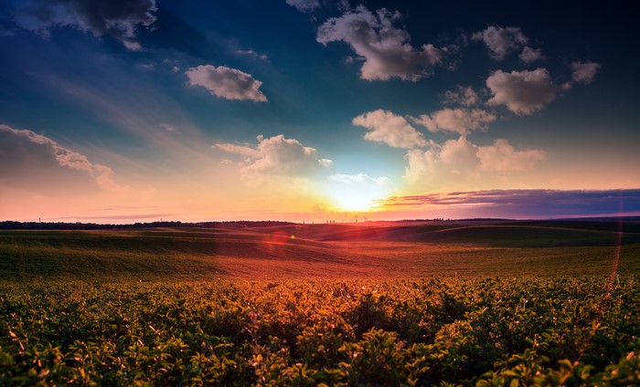 4K Scenery of Fields at Sunset with Clouds