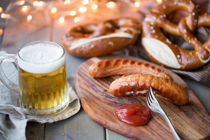 Beer, Sausages, and Pretzels with Ketchup