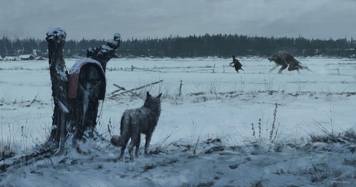 Man running from werewolf in snowy field