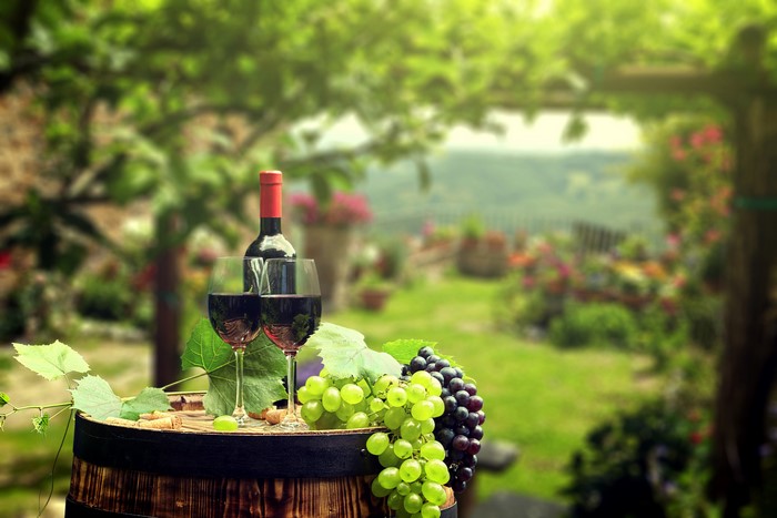 Wine bottle and glasses on barrel with grapes