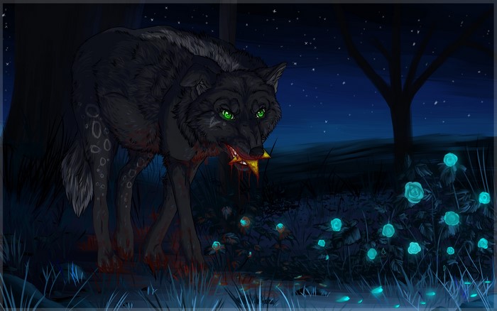 Wolf with Star in Mouth at Night