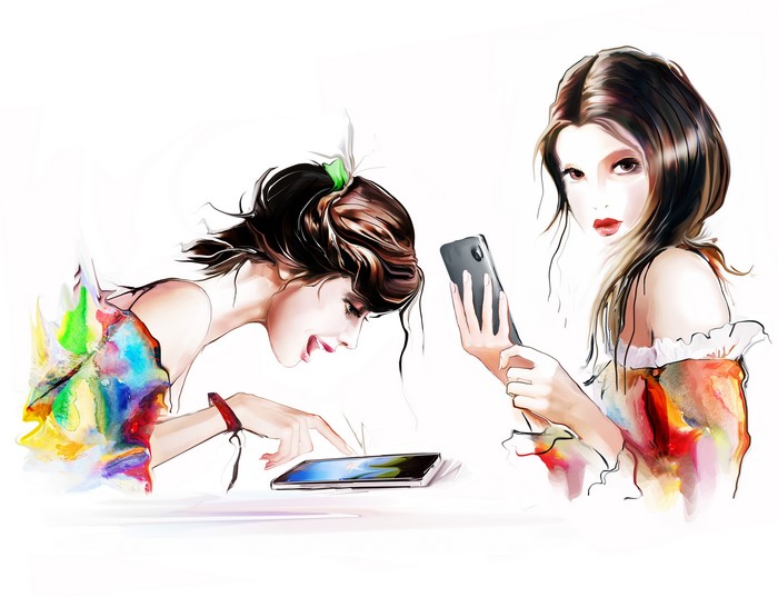 Two women with smartphones, watercolor painting