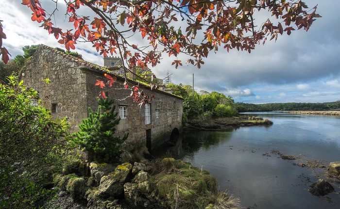 Stone house by a river in Dor, Galicia, Spain