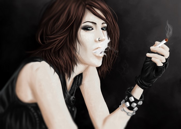 Painting Art of a Brown-Haired Woman Smoking a Cigarette