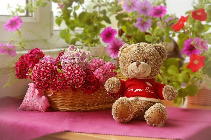 Teddy bear with carnations in a wicker basket