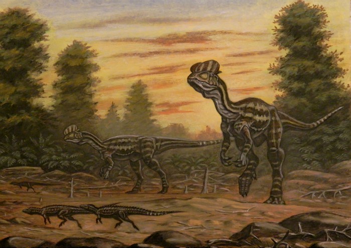 Dilophosaurus and Scutellosaurus in prehistoric landscape