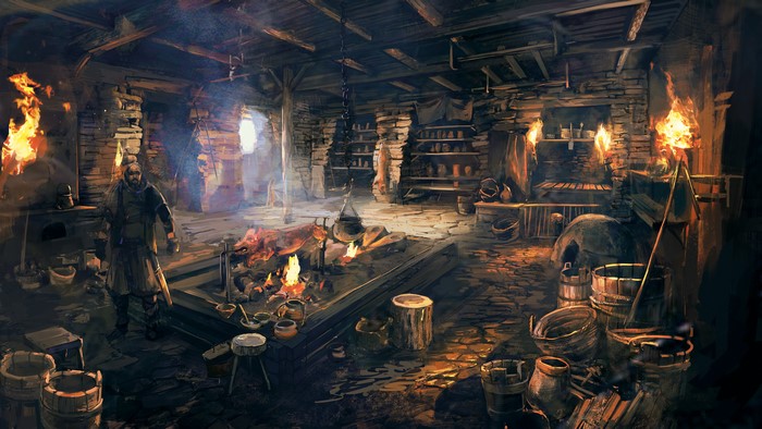 Man in a medieval kitchen with a pig roasting