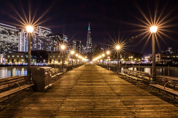 San Francisco Pier at Night with City Skyline