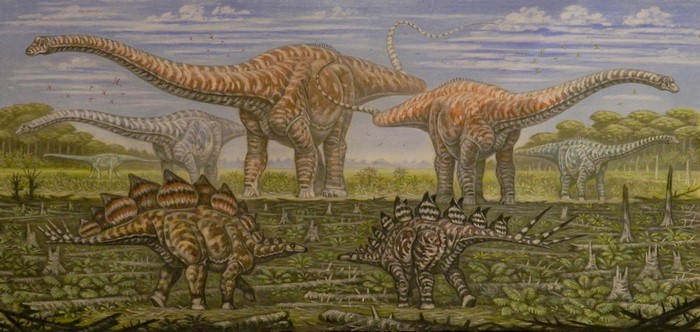 Apatosaurus and Stegosaurus dinosaurs in a prehistoric landscape