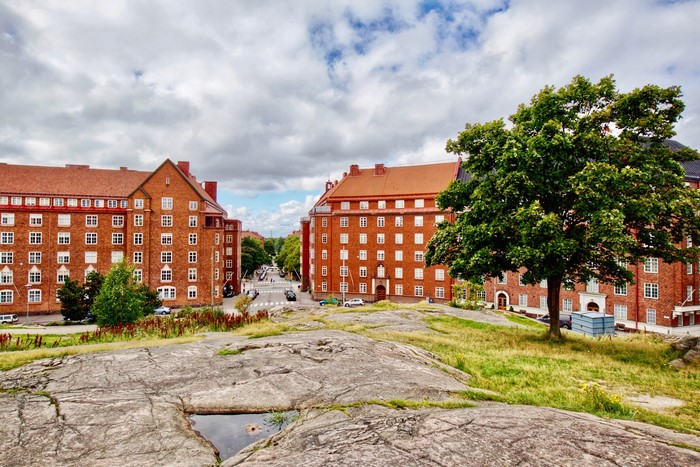 Brick apartment buildings and a tree in Helsinki, Finland