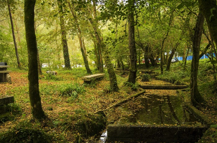 Stone benches and water channels in a forest park in El Burgo, Spain