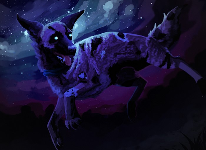 Painting of a dog under a starry night sky