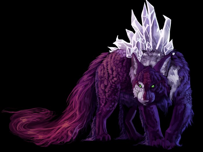 A purple wolf with crystals on its back