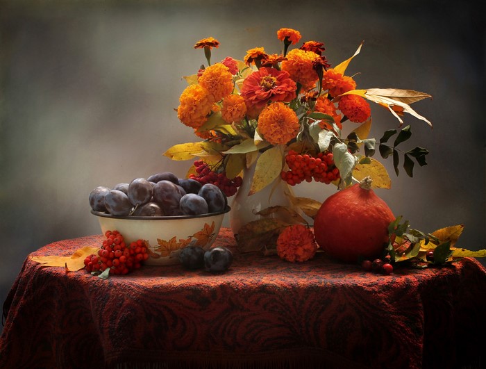 Still-life with bouquet, pumpkin, plums, and sorbus