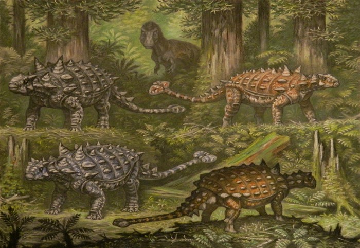 Ankylosaurinae dinosaurs in a prehistoric forest with a Tyrannosaurus Rex