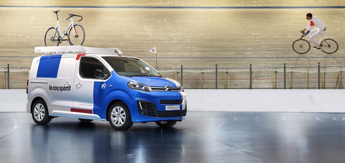 Citroen Jumpy X Le Coq Sportif van with bicycle and cyclist