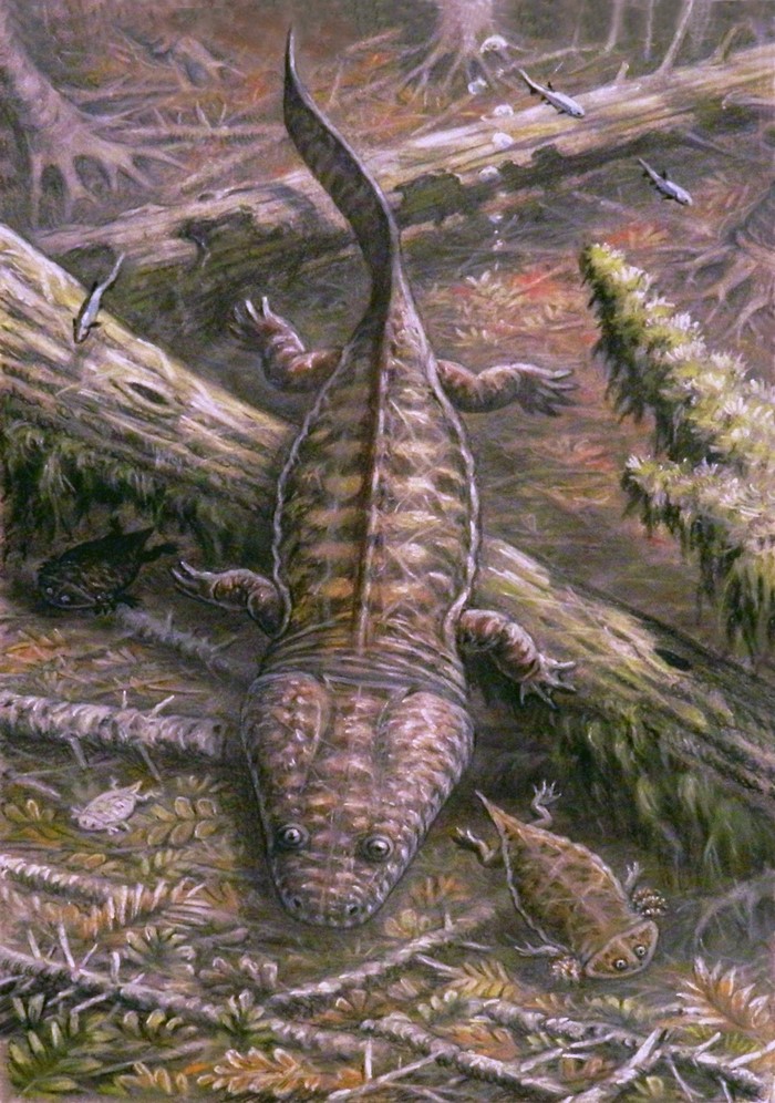 Metoposaurus and Gerrothorax underwater painting