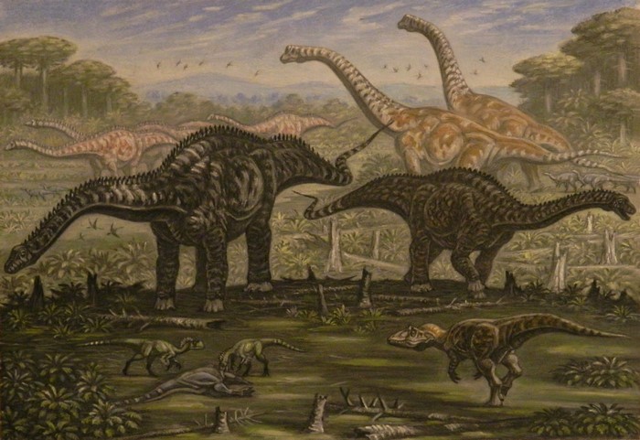 Sauropods and theropods in a prehistoric landscape painting