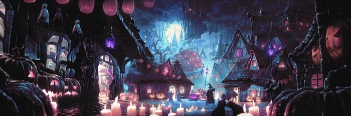 Halloween Night Street with Pumpkins and Candles