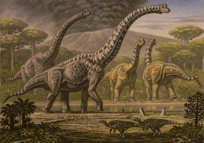 Brachiosaurus and Camarasaurus dinosaurs in prehistoric landscape