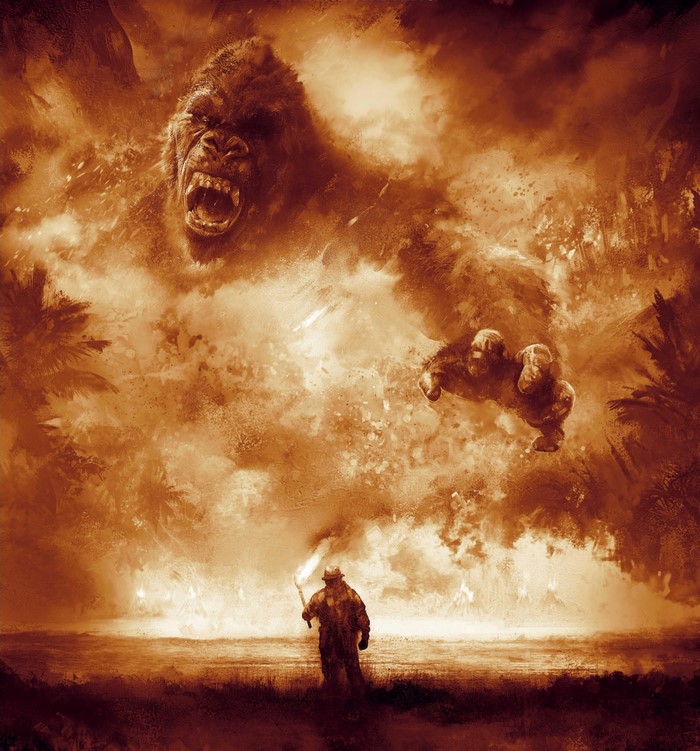 King Kong roaring amidst smoke and fire with a man holding a torch