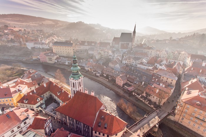 4K Aerial View of Cesky Krumlov with River and Bridges