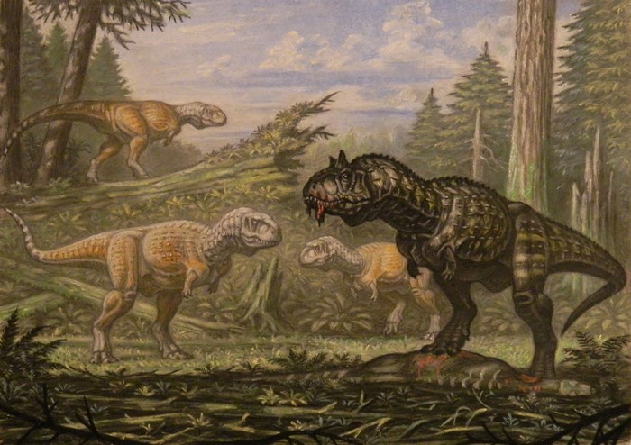 Carnotaurus and Abelisaurus dinosaurs in prehistoric forest