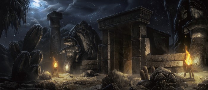 Diablo II night scene with ancient ruins and statues