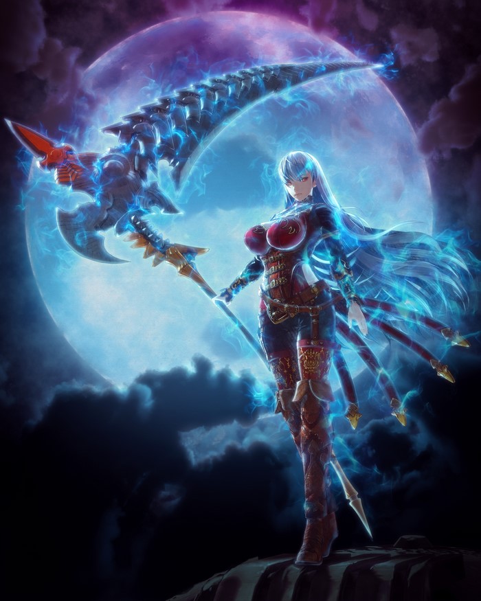 Valkyria: Azure Revolution warrior with scythe under moon