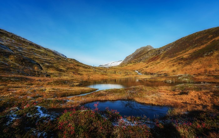 Autumn landscape with lake and mountains in Sulitjelma, Norway