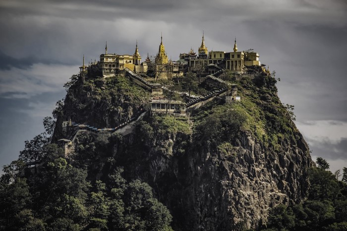 Popa Taungkalat Monastery on a rocky outcrop in Myanmar
