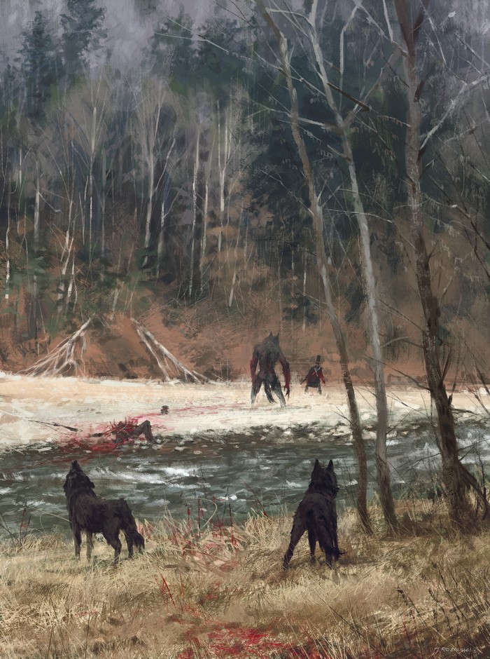 Werewolf and wolves in a bloody forest clearing