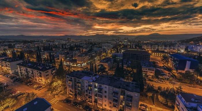 Podgorica, Montenegro at sunset from above
