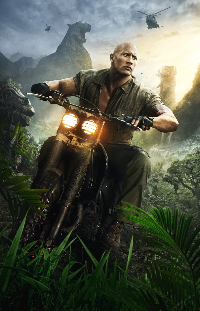 Dwayne Johnson on a motorcycle in Jumanji: Welcome to the Jungle