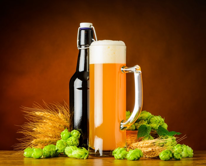Beer bottle and mug with hops and wheat