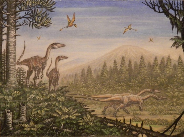 Coelophysis and Peteinosaurus in a prehistoric forest