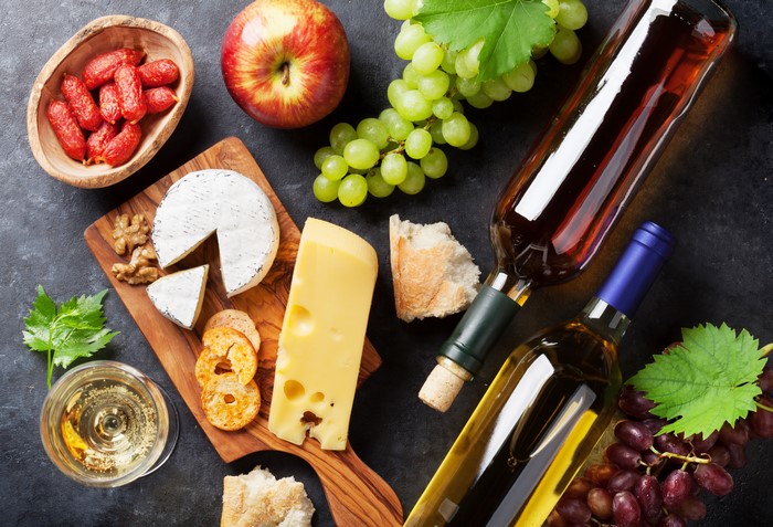 Wine, Grapes, Cheese, and Apple